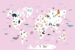 The Decor2Go Wallpaper Mural World Map with Wild Animals Pink Wallpaper Mural on a pink background featuring illustrations of wild animals native to different regions, including whales, polar bears, pandas, kangaroos, lions, elephants, seals, and various birds. Oceans are labeled, and trees and geographic features are depicted—perfect for children's room decor.