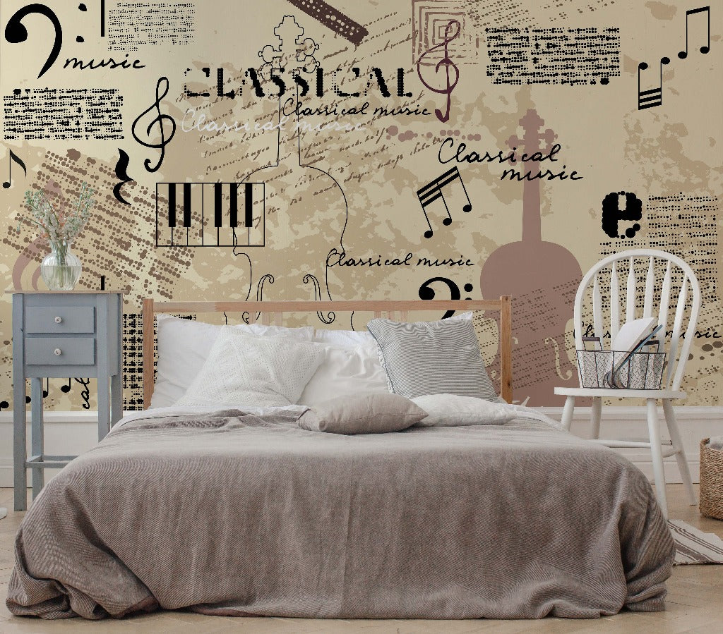 A cozy bedroom featuring a neatly made bed with a grey blanket and white pillows, a wooden chair beside it, and walls adorned with notes and chords as well as classical music-themed designs, all highlighted by the Decor2Go Wallpaper Mural of the Yoyoma design.