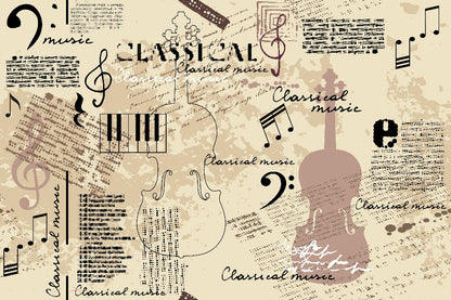 A vintage-inspired Yoyoma Wallpaper Mural featuring classical music elements such as violin and piano graphics, notes and chords, and the words "classical music" on a textured beige background by Decor2Go Wallpaper Mural.