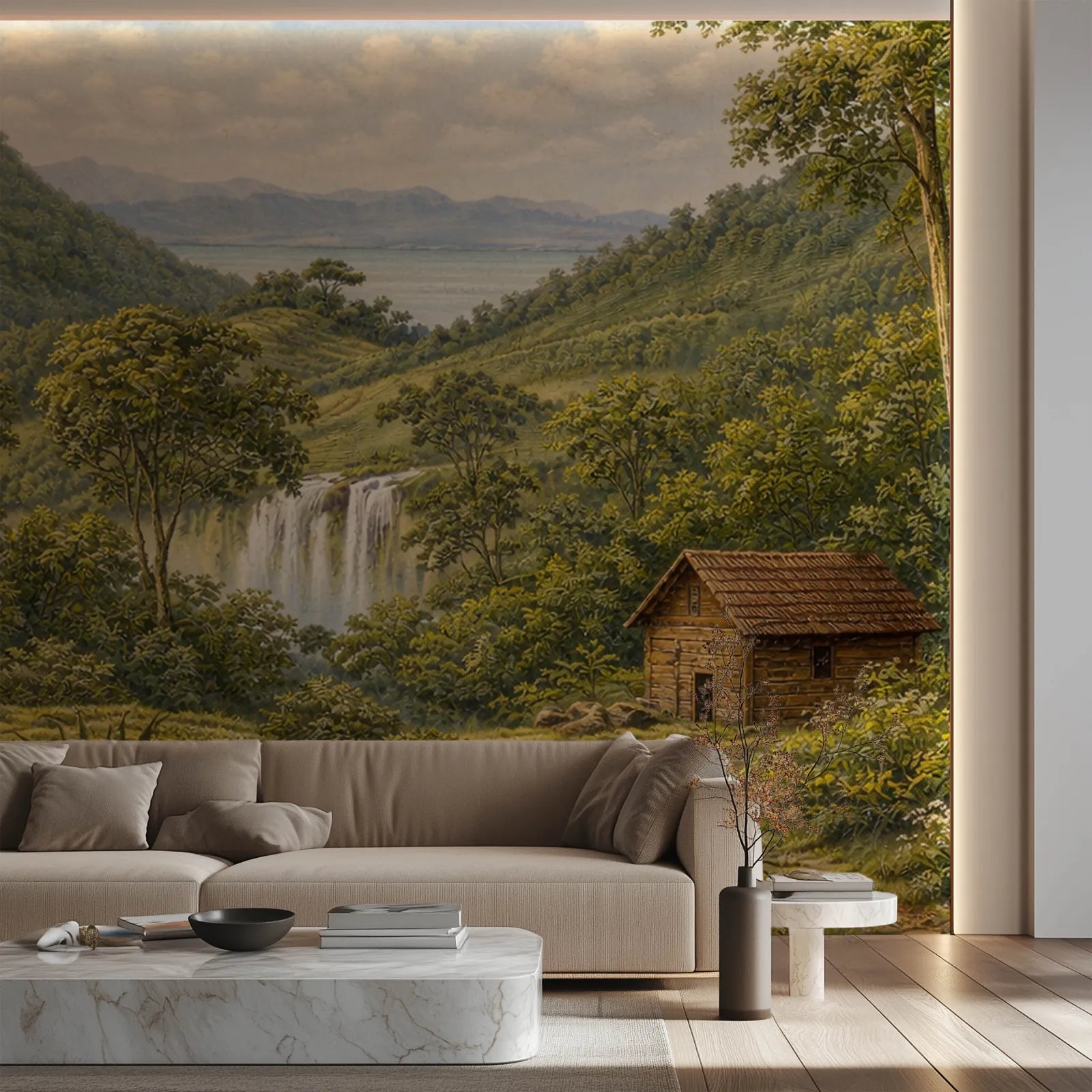 Living room - cabin and waterfall landscape wall mural in warm green tones