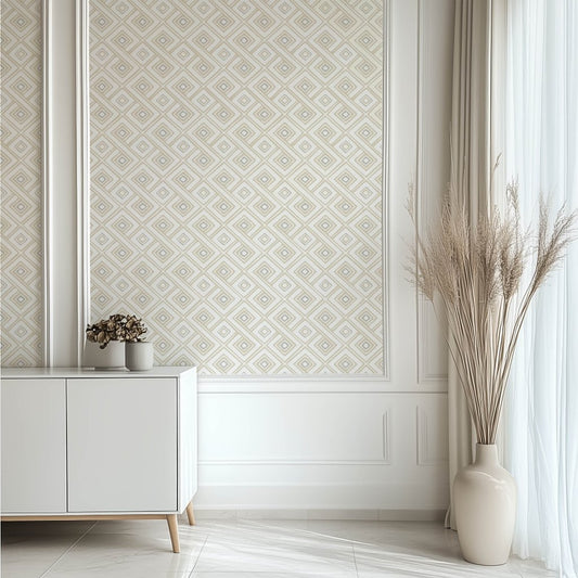 A minimalist room featuring the Paradox Geometric Wallpaper Mural by Decor2Go Wall Fashion, paired with a white sideboard, potted plants, and a large vase filled with tall dried grasses. Natural light filters through sheer floor-to-ceiling curtains, enhancing the serene ambiance.