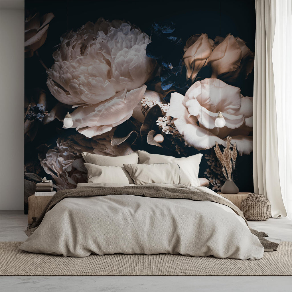 A modern bedroom featuring a serene oasis with the "Bouquet of White Peonies Wallpaper Mural" by Decor2Go. The room has a light-colored bed with soft bedding, premium pendant lights, and elegant sheer curtains.