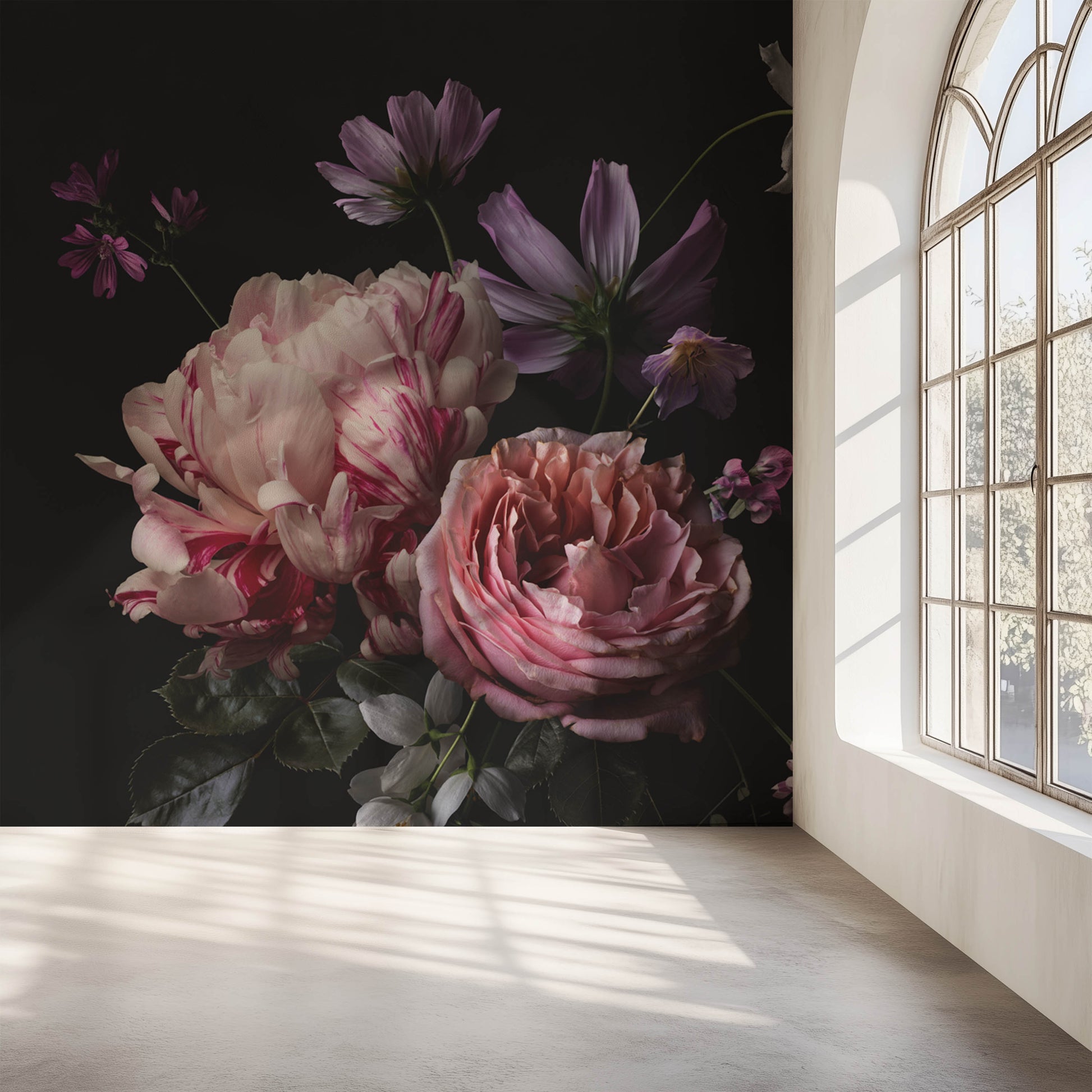 The *Midnight Peony Floral Wallpaper Mural* by *Decor2Go Wallpaper Mural*, showcasing stunning botanical artwork with pink peonies and various other flowers, is bathed in sunlight filtering through an arched window. The bare floor enhances the serene, artistic ambiance of the room.