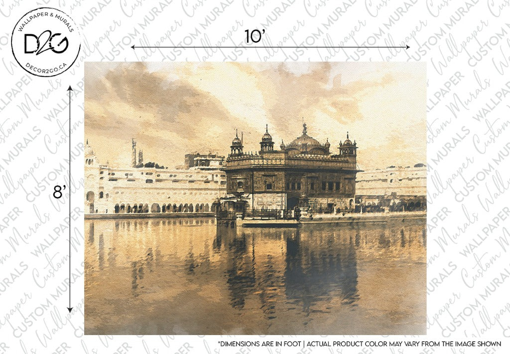 A vintage-style illustration of the Decor2Go Wallpaper Mural Golden Temple Wallpaper Mural with its reflection on the serene water, set against a backdrop of a pale sky and distant architecture.