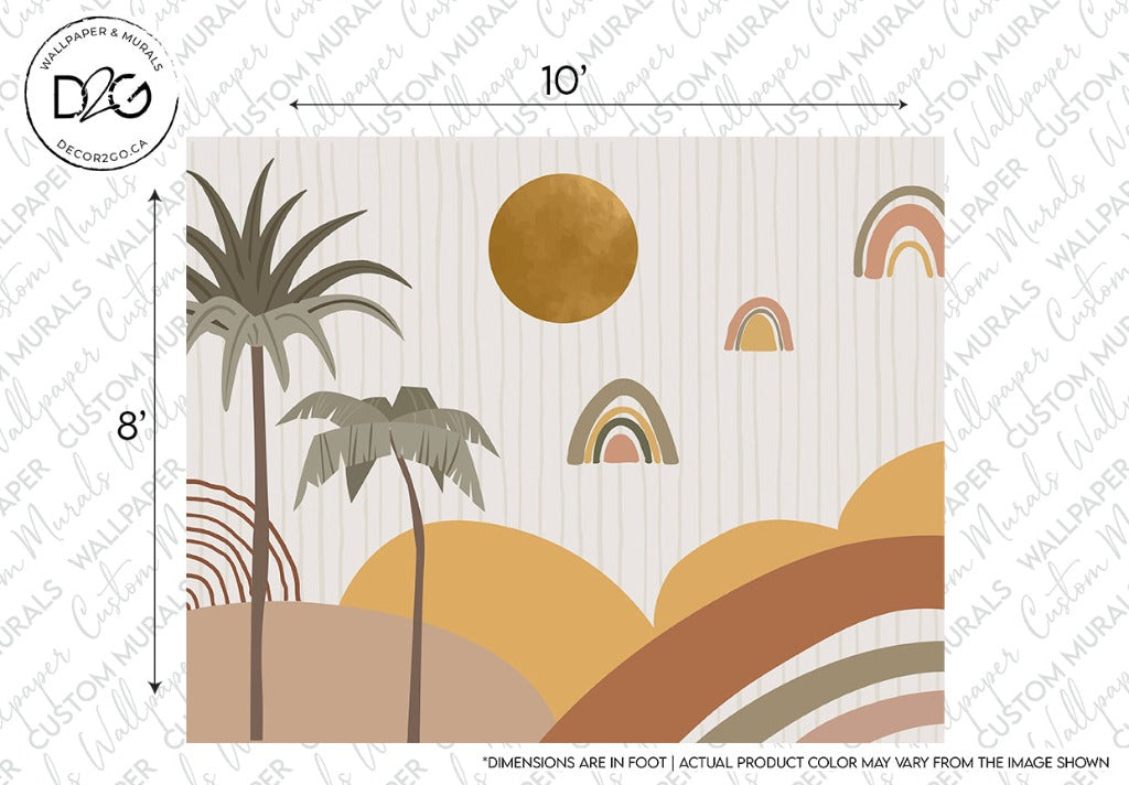 Decor2Go Wallpaper Mural Rainbow Wonders Wallpaper Mural design featuring abstract landscapes in earth tones, with mountains, palm trees, and imaginative sun designs. Aesthetic geometric shapes and arches add a modern feel. Dimensions indicate the mural's size.
