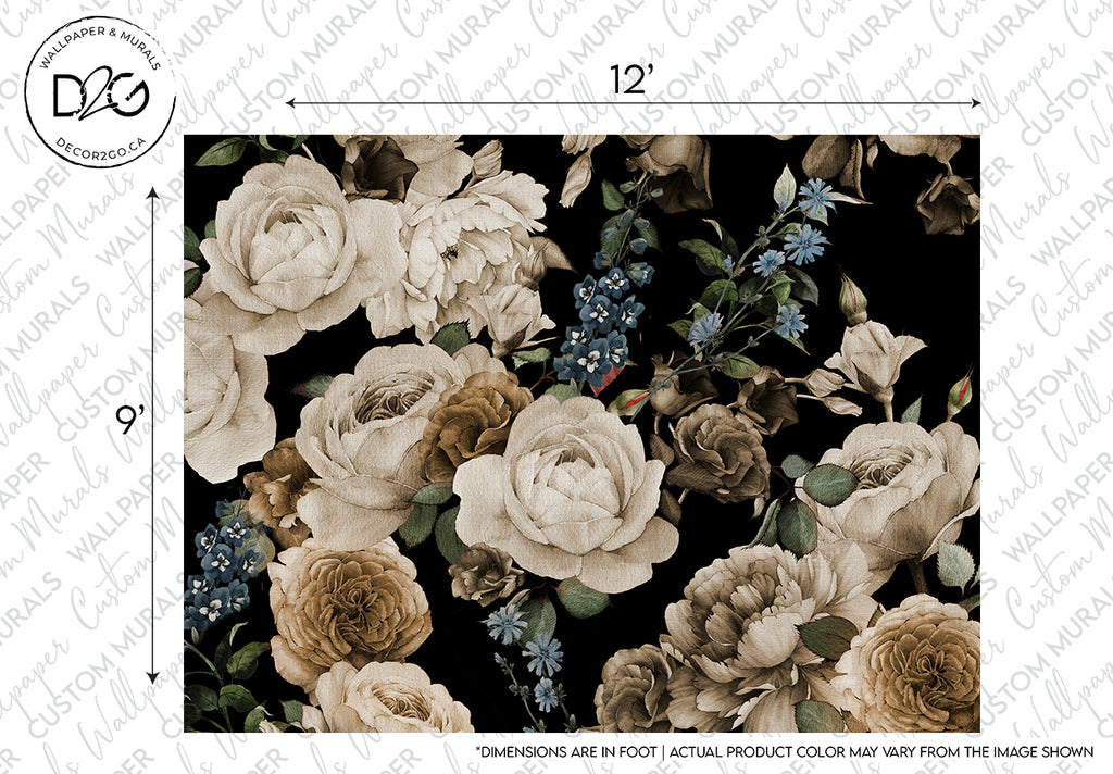 A Timeless Elegance Wallpaper Mural by Decor2Go featuring a floral pattern with large beige peonies and smaller blue flowers against a dark background, marked with a ruler for scale.
