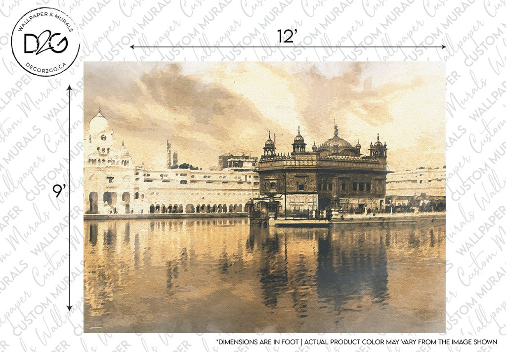 Vintage-inspired artistic depiction of the Decor2Go Wallpaper Mural Golden Temple Wallpaper Mural, reflecting on a tranquil water body, with a cloudy sky and measurements indicated on the image edges.