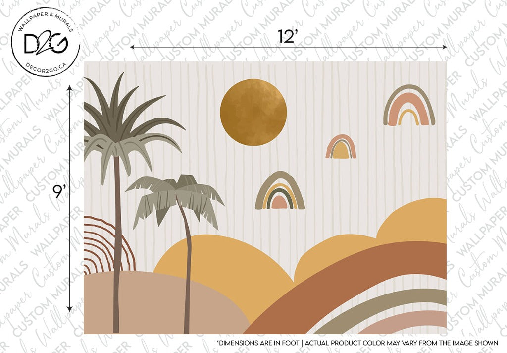 Decor2Go Wallpaper Mural's Rainbow Wonders Wallpaper Mural is designed for an imaginative bedroom, featuring abstract hills in earthy tones with stylized palm trees and minimalist sun and watercolor rainbow motifs. Dimensions are marked as 12 by 9.