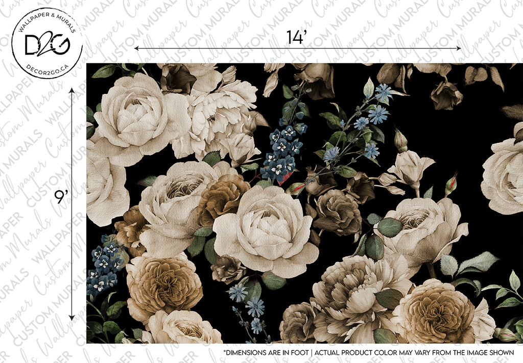 A sample image of Decor2Go Wallpaper Mural's Timeless Elegance Wallpaper Mural design featuring a floral pattern with large peonies and smaller blue flowers on a dark background. Includes measurements and brand watermark.