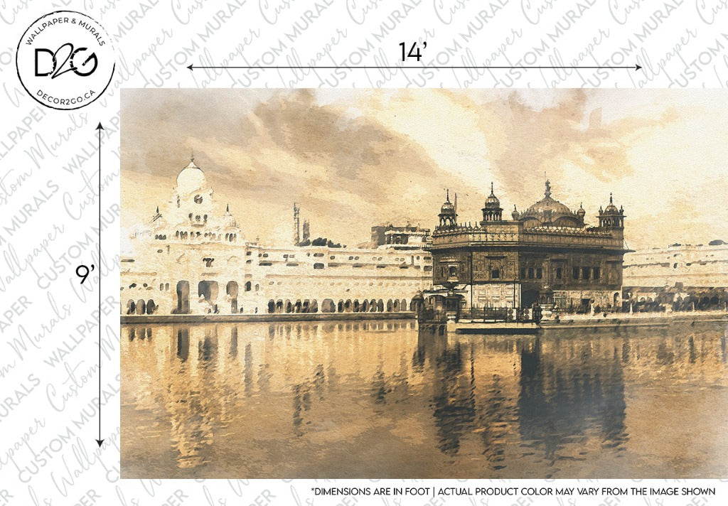 Sepia-toned artistic depiction of the iconic Decor2Go Wallpaper Mural Golden Temple Wallpaper Mural with a large dome and intricate architecture, reflected beautifully in the tranquil waters in front of it.