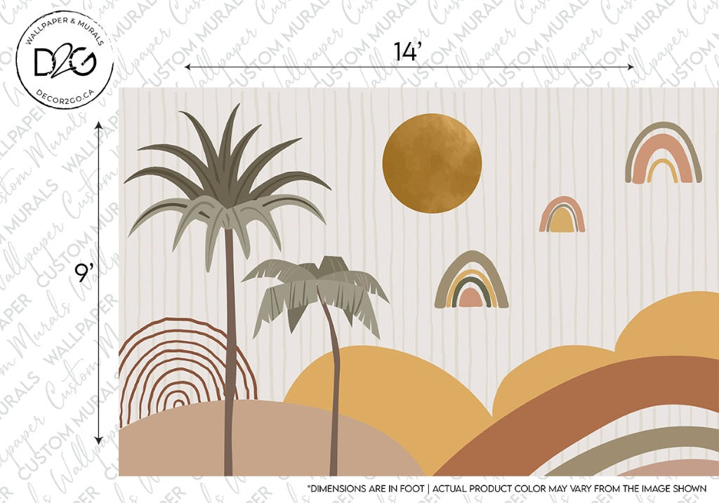 Illustration of a serene desert landscape with abstract elements: palm trees, sun, sand dunes, and decorative arches in muted earth tones. A Rainbow Wonders Wallpaper Mural notation indicates a 14-inch Decor2Go Wallpaper Mural.