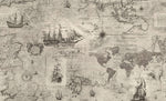 A vintage-style world map with intricate details, including old sailing ships, sea creatures, compass roses, and hand-drawn geographical features. The Palitra Voyage Wallpaper (114 SqFt) has a parchment-like texture and a sepia tone, perfect for adding a historical flair to any room's scene pattern.