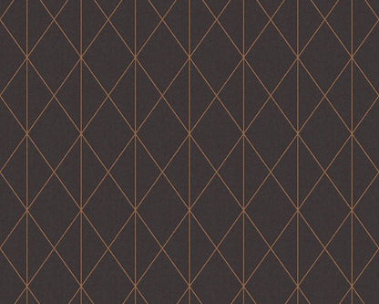 A dark background features a geometric pattern consisting of thin, intersecting orange lines forming elongated diamond shapes arranged in a grid-like fashion, perfect for Ontario's Diamond Geometric (56 SqFt) nonwoven wallpaper applications with a drop match design.