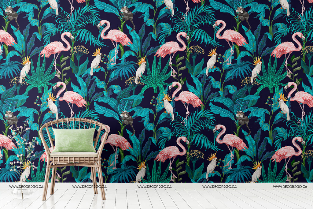 Flamingos and palm tree leaves wallpaper decoration 
