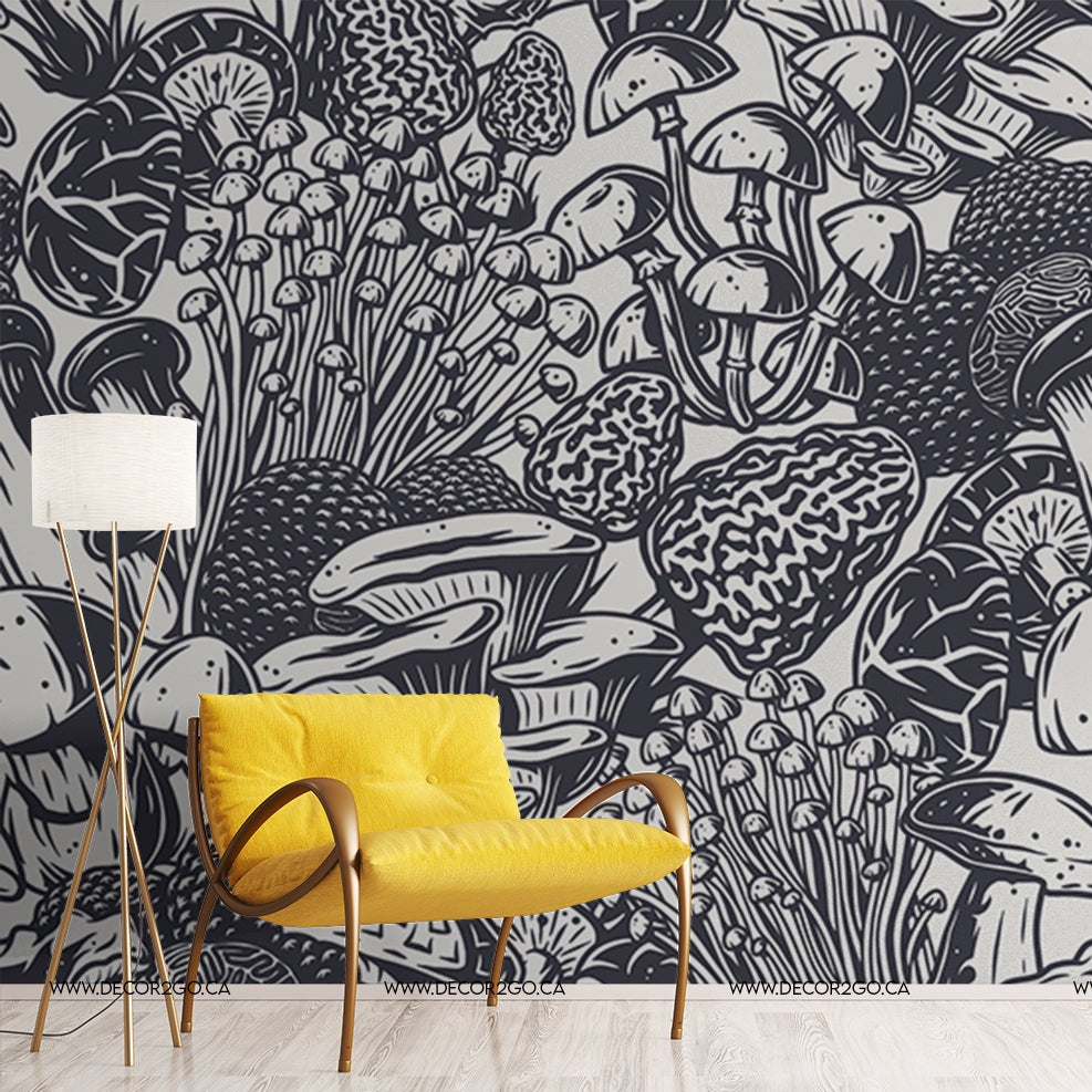 A stylish room featuring a vibrant yellow chair with gold legs next to a white floor lamp, against a large wall covered in a black and white Decor2Go Wallpaper Mural.