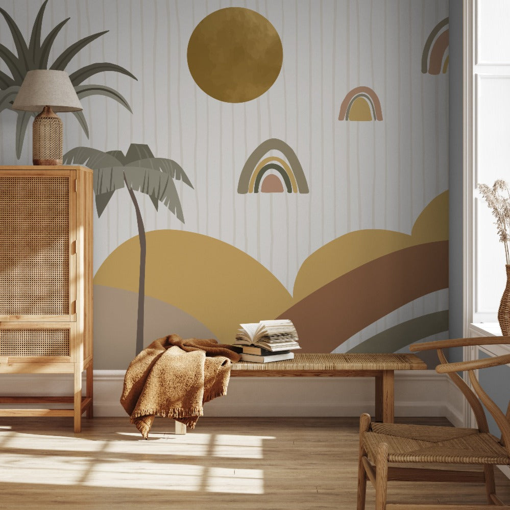 Sunlit imaginative bedroom with stylish decor, featuring a wooden bench, chair, and a screen, with potted plants and a wall adorned with Decor2Go Wallpaper Mural's Rainbow Wonders Wallpaper Mural.