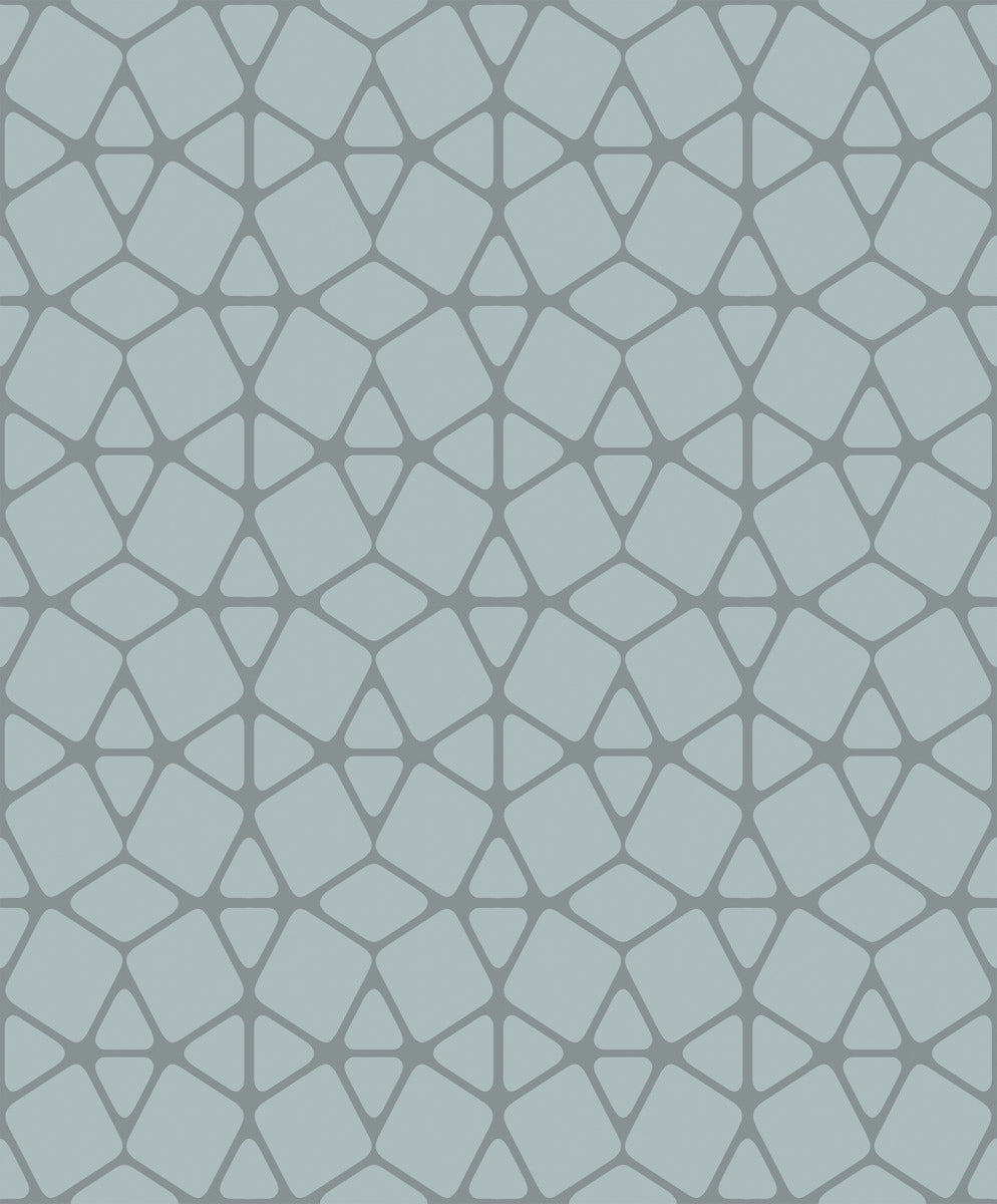 A seamless pattern consisting of irregular geometric shapes resembling a web-like structure, reminiscent of Facet Geometric Wallpaper by York Wallcoverings. The shapes are outlined in a darker shade of grey-blue, enhanced with metallic inks, while the background appears in a lighter blue-grey, giving a modern and abstract look.