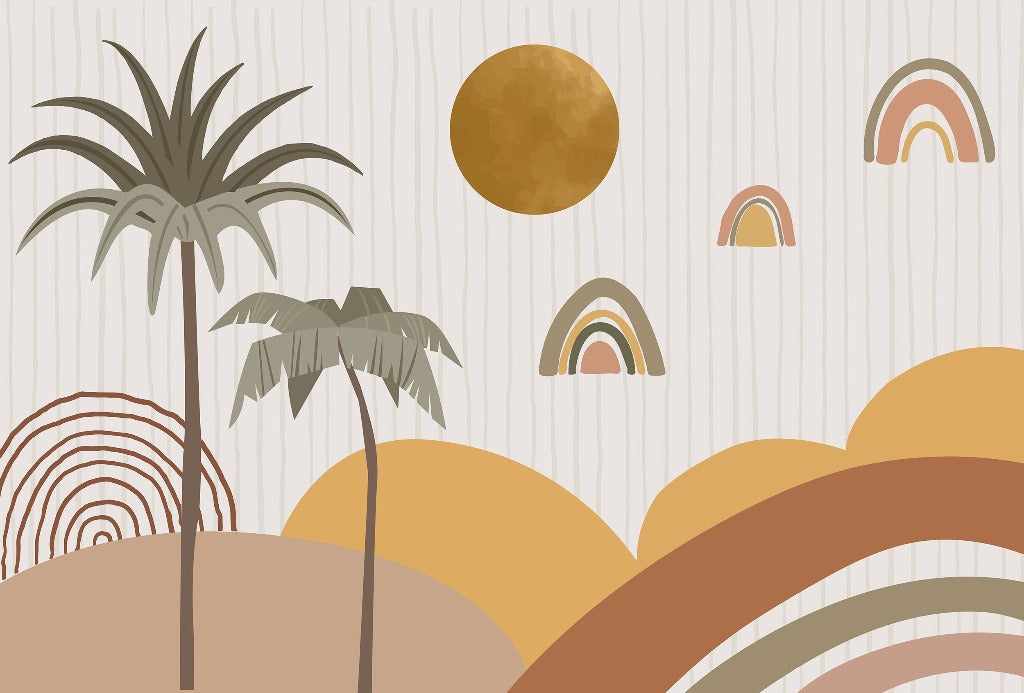 Abstract landscape with stylized sun, palm trees, and colorful arches on a beige striped background. The design features earth tones and minimalist, geometric shapes, ideal for imaginative kids' bedroom decor with the Rainbow Wonders Wallpaper Mural by Decor2Go Wallpaper Mural.