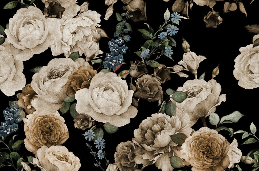 A detailed floral pattern featuring an array of ivory peonies and small blue flowers, all set against a dark, contrasting background is featured in the Timeless Elegance Wallpaper Mural by Decor2Go Wallpaper Mural.