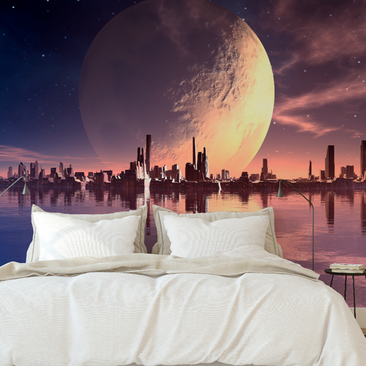 A futuristic bedroom with a large wall-sized Decor2Go Wallpaper Mural overlooking a city skyline with tall buildings and a massive planet visible in a purple and pink sky at dusk.