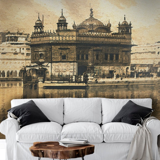 A vintage-inspired Decor2Go Wallpaper Mural featuring an artistic depiction of the Golden Temple adds a cultural touch to a modern living room with stylish furnishings.