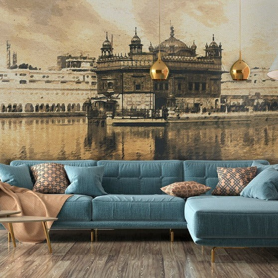 Luxury living room with gold fixtures and gold wallpaper of the city 