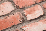 A close-up view of a red Brick Wall Wallpaper (114 SqFt) by Palitra with visible mortar between the bricks. The bricks are irregularly shaped, with some areas showing signs of wear and weathering. The overall texture is rough, displaying various shades of red and brown, almost like a non-woven imitation of natural elements.