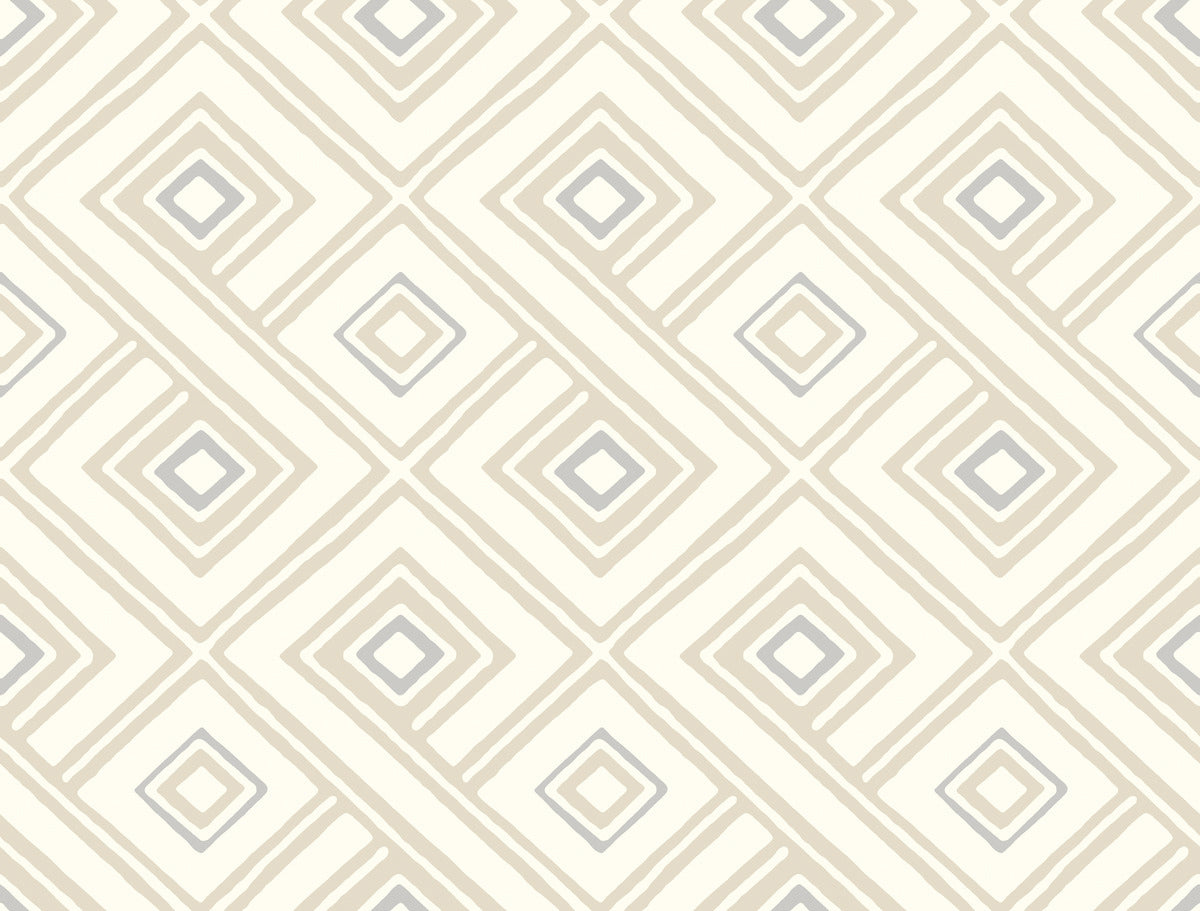 A seamless geometric pattern featuring a series of interconnected diamond shapes in varying shades of beige and gray. The design has a hand-drawn, sketch-like quality and is set against a light cream background, embodying contemporary design. Ideal for Pattern Play Paradox Wallpaper application by York Wallcoverings.