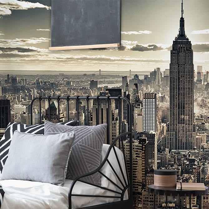 New York sky line view. Beautiful taupe brown New York city view wallpaper mural in the bedroom