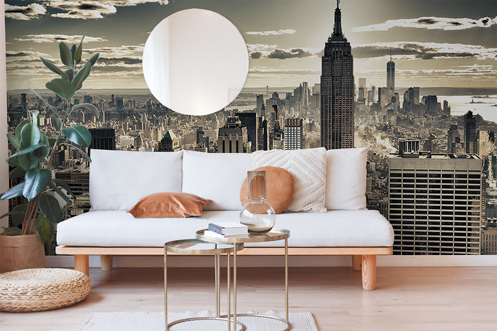 New York sky line view. Beautiful taupe brown New York city view wallpaper mural in the small living room