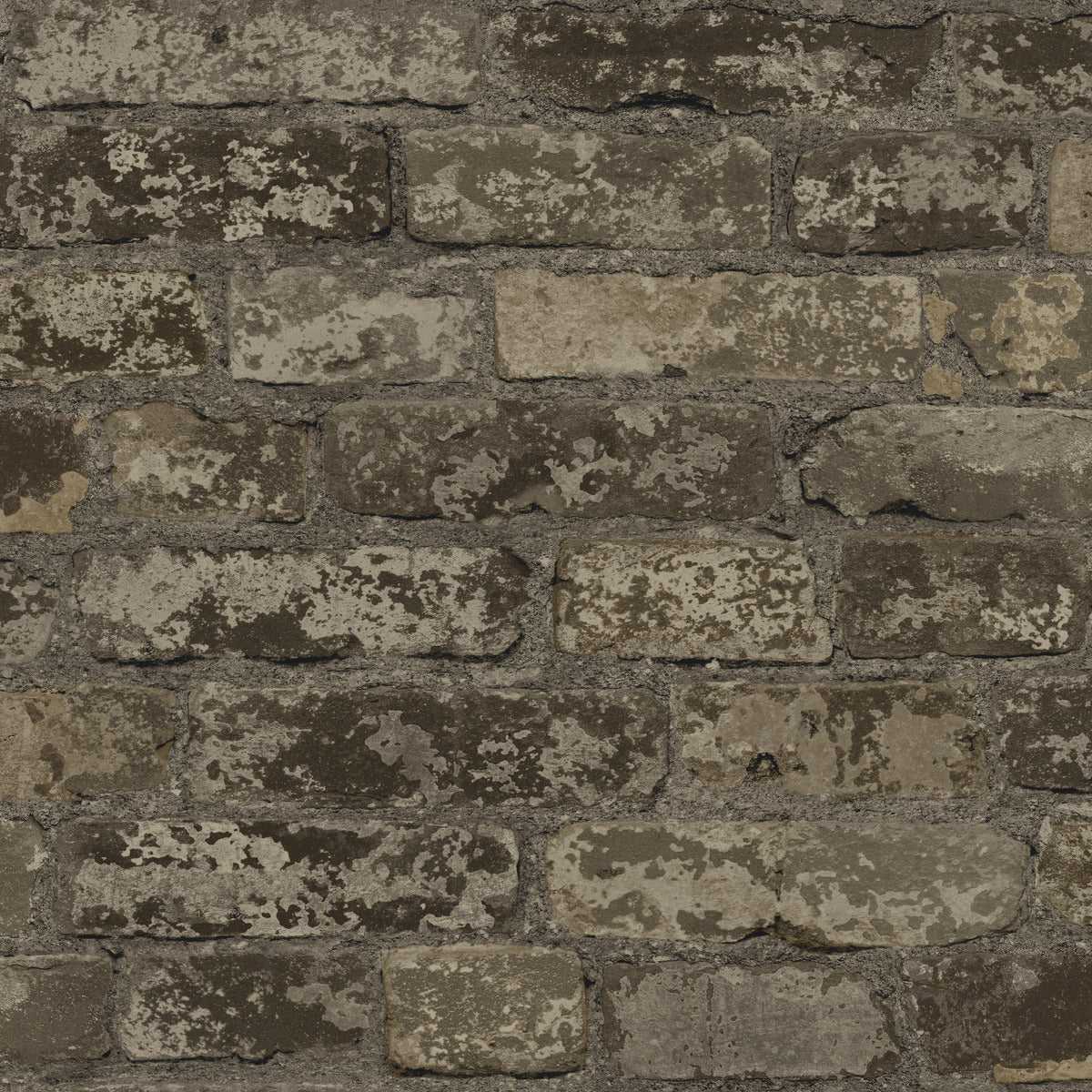 A close-up view of an old, weathered brick wall with dark and light brown bricks. The realistic brickwork has a rough, uneven texture with visible signs of wear and discoloration, giving the wall a rustic and aged appearance. Ideal for those seeking authentic architectural décor is the Urban Chic Up The Wall Wallpaper (56 SqFt) by York Wallcoverings.