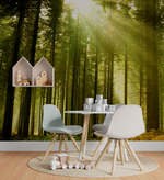 A cozy children's playroom with Decor2Go Wallpaper Mural's Sunny Green Forest Wallpaper Mural. Sunlight filters through the tall trees, creating a warm, serene atmosphere. The room features a small round table with two chairs, toy blocks, a wooden shelf with toy houses, and a circular rug—perfect for nature-inspired play.