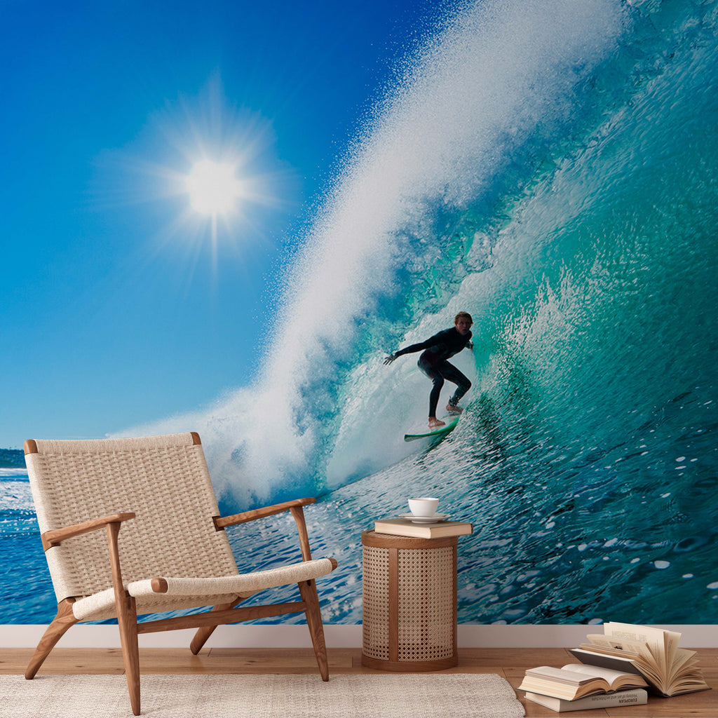 A Decor2Go Wallpaper Mural of a surfer on a wave at the beach.