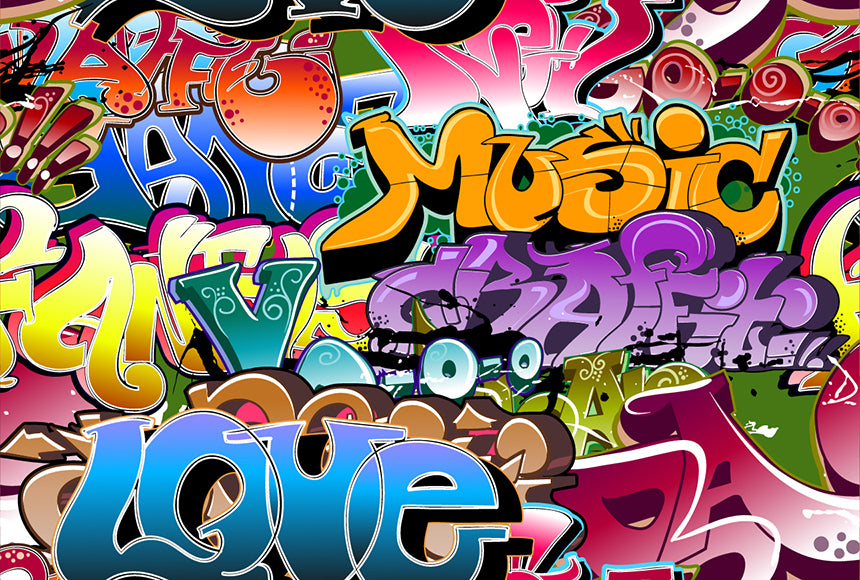 Colorful street art-style artwork featuring words like "art," "music," and "love" in various bold, stylized fonts against a vibrant abstract background can be found in the Urban Colors Wallpaper Mural by Decor2Go.