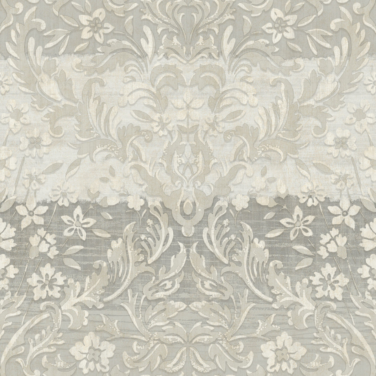 A detailed, intricate pattern featuring floral and leaf motifs in varying shades of grey and white. The design appears vintage and decorative, giving a textured, almost fabric-like appearance with ornamental and symmetrical elements throughout, reminiscent of York Wallcoverings' Patina Vie Zara Damask Wallpaper - Grey elegance.