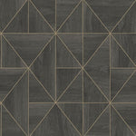 York Wallcoverings' Black and Gold Cheverny Geometric Wood and Gold Wallpaper features a symmetrical design with dark green geometric shapes, outlined in fine gold lines on a charcoal base. Raised inks enhance the texture, adding depth to its refined wood grain aesthetic.