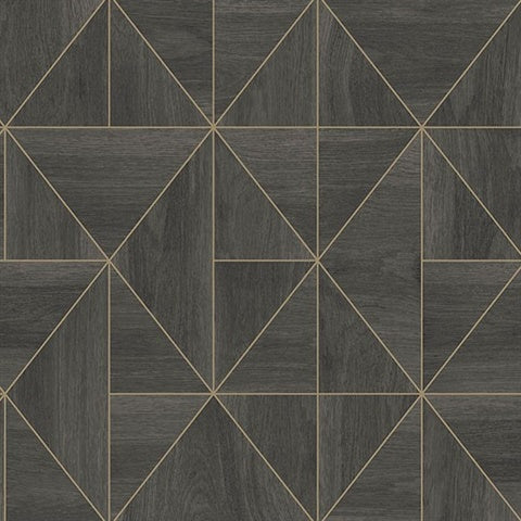 A geometric pattern featuring dark gray tiles divided by thin, light-colored lines. The tiles are arranged in a mix of squares, rectangles, and triangles, creating a modern, symmetric design reminiscent of Cheverny Geometric Wood Wallpaper (56 SqFt) by York Wallcoverings.