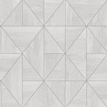A floor or wall pattern featuring light grey wooden tiles arranged in a geometric print. The design consists of squares and triangles forming a grid with alternating orientations, creating a dynamic and visually engaging layout reminiscent of the Cheverny Geometric Wood and Gold Wallpaper (56 SqFt) from York Wallcoverings.