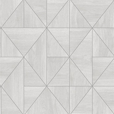 A geometric pattern composed of squares and triangles in light gray, giving a tiled appearance. The Cheverny Geometric Wood Wallpaper (56 SqFt) by York Wallcoverings has a woodgrain texture reminiscent of rustic wallpaper and is arranged in a repeating, intricate design.