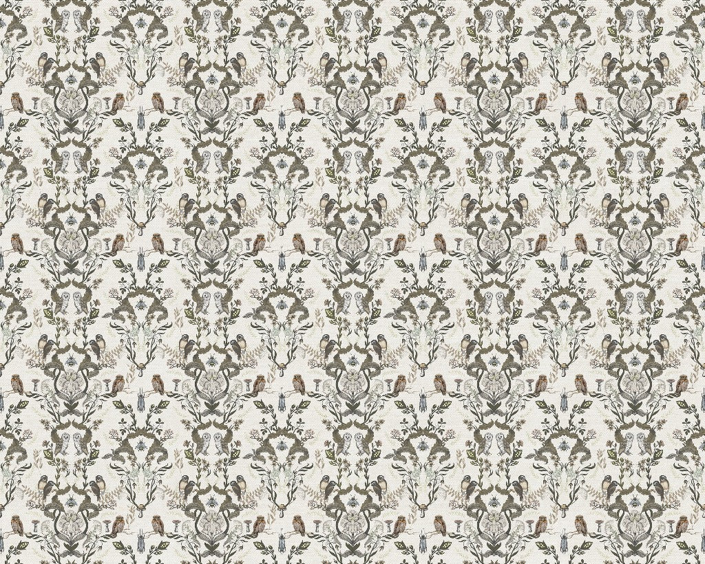 A seamless Vintage Owls Garden Wallpaper Mural from Decor2Go Wallpaper Mural with muted tones of beige, gray, and white, featuring intricate flowers and elegant leaf designs.