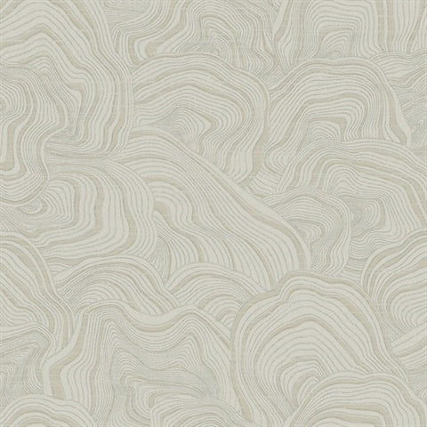 An abstract wallpaper pattern with wavy, fluid lines in various shades of beige and off-white, creating an organic, almost topographical appearance. The design reflects a sense of movement and flow, reminiscent of natural earth formations or wood grain, like a geode's intricate layers. This is perfectly captured by York Wallcoverings' Geodes layers Wallpaper (60 SqFt).