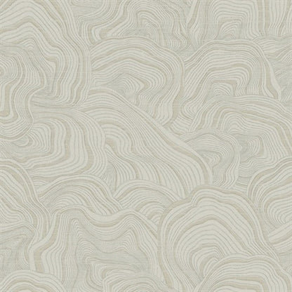 An abstract wallpaper pattern with wavy, fluid lines in various shades of beige and off-white, creating an organic, almost topographical appearance. The design reflects a sense of movement and flow, reminiscent of natural earth formations or wood grain, like a geode's intricate layers. This is perfectly captured by York Wallcoverings' Geodes layers Wallpaper (60 SqFt).