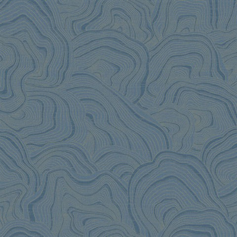 Abstract wallpaper with wavy, concentric lines in varying shades of blue. The lines create a topographic, layered effect resembling geological strata or contour lines on a map. The pattern has a textured and fluid appearance, much like the intricate patterns of a geode. This is the Geodes layers Wallpaper (60 SqFt) by York Wallcoverings.