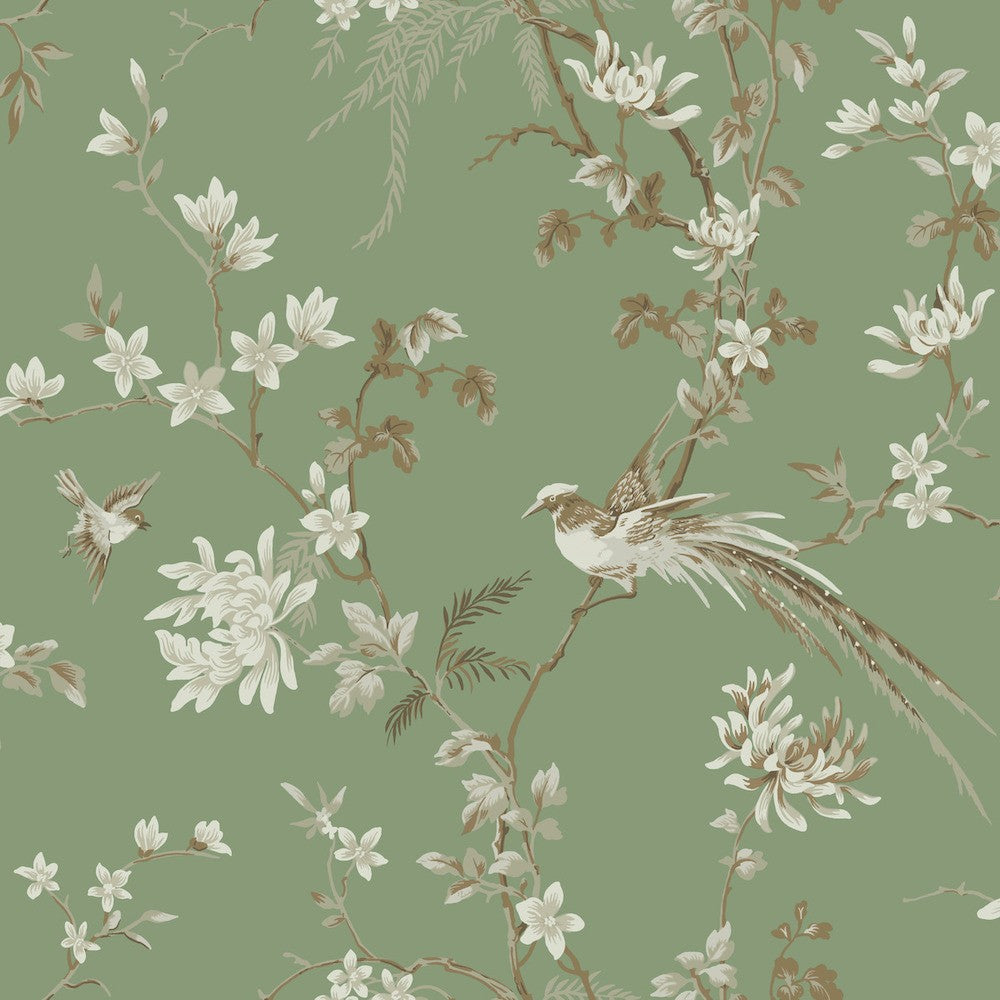 The Bird and Blossom Chinoiserie Wallpaper (60 SqFt) by York Wallcoverings features a decorative pattern with birds perched on and flying between intricate floral branches with blooming flowers in shades of white and beige on a muted green background. The design is elegant and detailed, evoking a nature-inspired, Asian botanical theme.