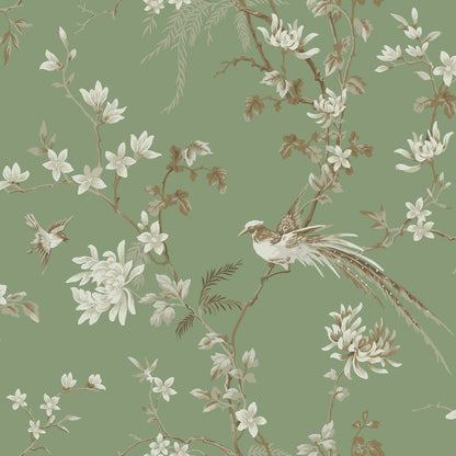 The Bird and Blossom Chinoiserie Wallpaper (60 SqFt) by York Wallcoverings features a decorative pattern with birds perched on and flying between intricate floral branches with blooming flowers in shades of white and beige on a muted green background. The design is elegant and detailed, evoking a nature-inspired, Asian botanical theme.