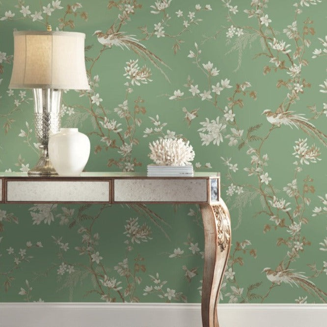 Entry Dining room Green Bird And Blossom Chinoserie Wallpaper