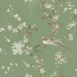 York Wallcoverings' Bird And Blossom Chinoserie Wallpaper (60 SqFt) features a Chinoiserie design with birds and blooming flowers on a green background. The intricate pattern includes delicate branches, blossoms, and birds in soft shades of white and brown, creating a harmonious, nature-inspired scene with an elegant metallic finish.