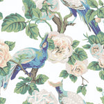 A vibrant wallpaper pattern featuring colorful blue and green birds with striking plumage perched on branches with lush green leaves and large, blooming white and pink flowers. The ornate and detailed design is set against a white background, creating a peelable masterpiece for any room. Introducing the Garden Plume (60 Sqs.Ft) by York Wallcoverings.