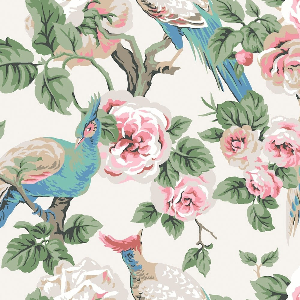 A nature-themed illustration featuring vibrant peacocks with colorful plumage perched among lush green leaves and large pink flowers. The background is a light cream color, providing a soft contrast to the colorful birds and blossoms, making it perfect for York Wallcoverings' Garden Plume (60 Sqs.Ft) peelable wallpaper.