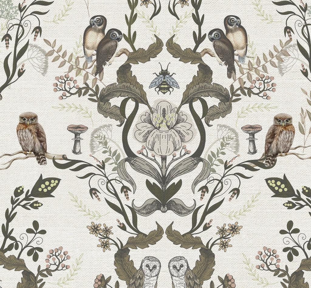 An intricate Vintage Owls Garden Wallpaper Mural featuring symmetric floral patterns with owl illustrations, mushrooms, and small insects in a neutral color palette on a textured background by Decor2Go Wallpaper Mural.